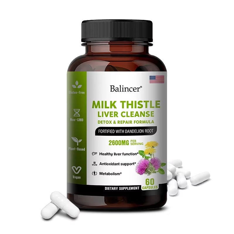 Milk Thistle Extract Capsules with Dandelion for a Detox Cleansing Liver Support and Repair Formula Help Digestion Non-Gmo