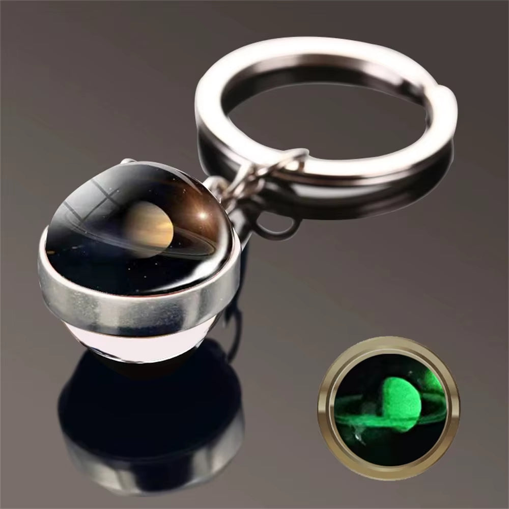 Glow in the Dark Universe Planet Keychain Solar System Earth Pendant Galaxy Nebula Double Sided Glass Ball Key Ring