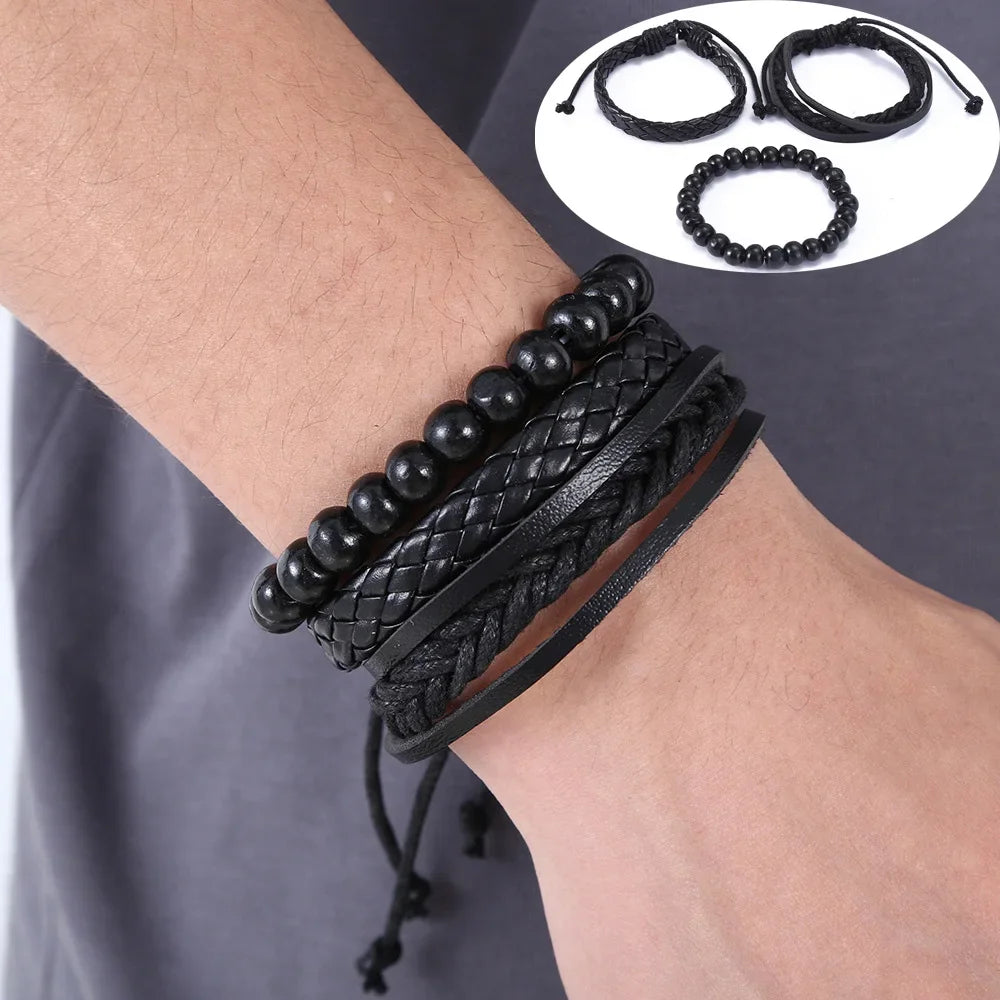 3-4Pcs Vintage Leather Bracelet Set for Men Tree of Life Charm Black Woven Rope Beads Chain Wrap Bangle Women Handmade Jewelry