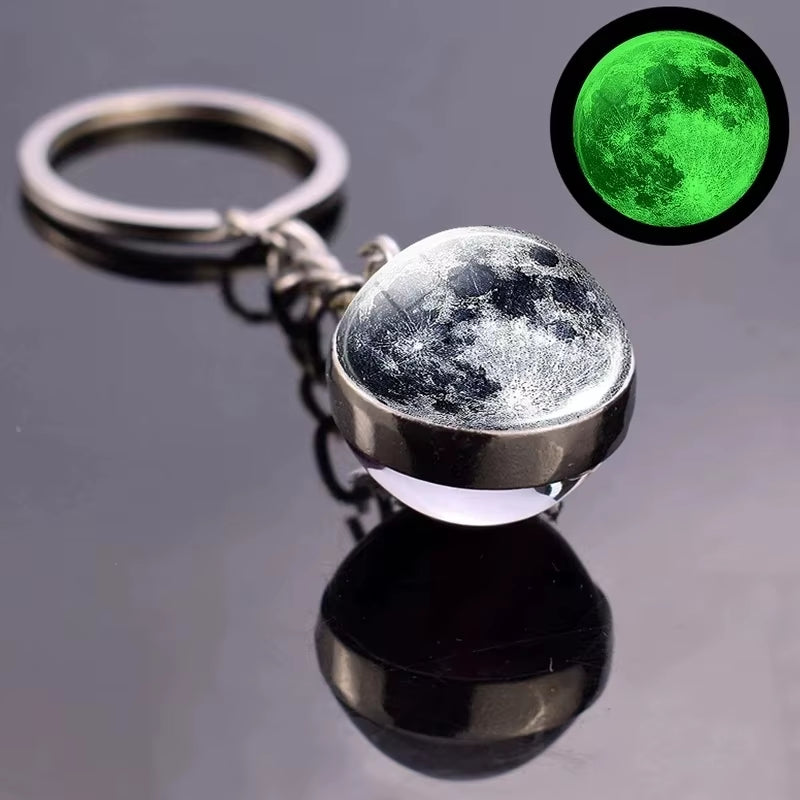 Glow in the Dark Universe Planet Keychain Solar System Earth Pendant Galaxy Nebula Double Sided Glass Ball Key Ring