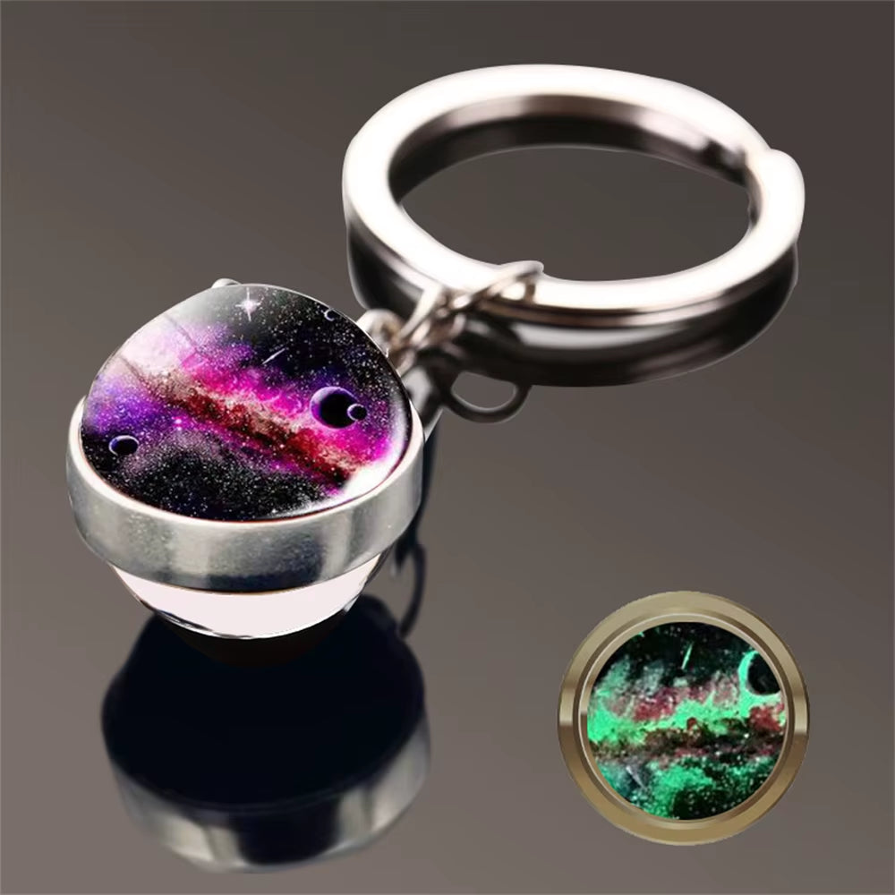 Glow in the Dark Universe Planet Keychain Solar System Earth Pendant Galaxy Nebula Double Sided Glass Ball Key Ring