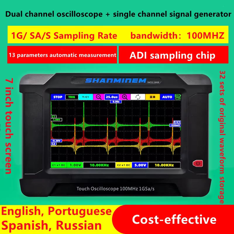 100MHZ Digital Oscilloscope 2 Channel Handheld Touch Panel Oscilloscope Signal Generator English, Russian, Portuguese, Spanish