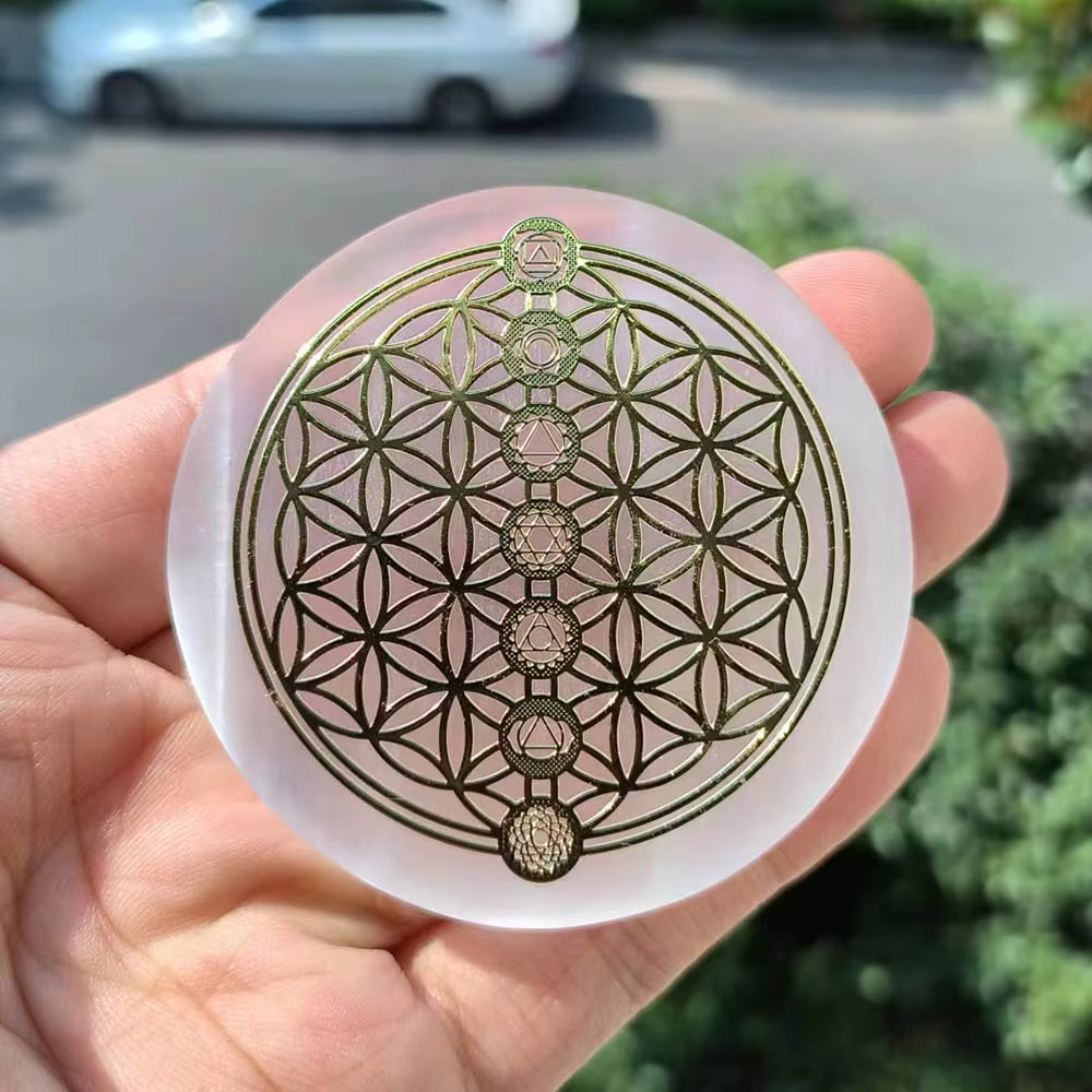 6CM Natural Crystal Selenite Slice Slab White Gypsum 7 Chakras Flower of Life Charging Plate Yoga Meditation Fengshui Healing