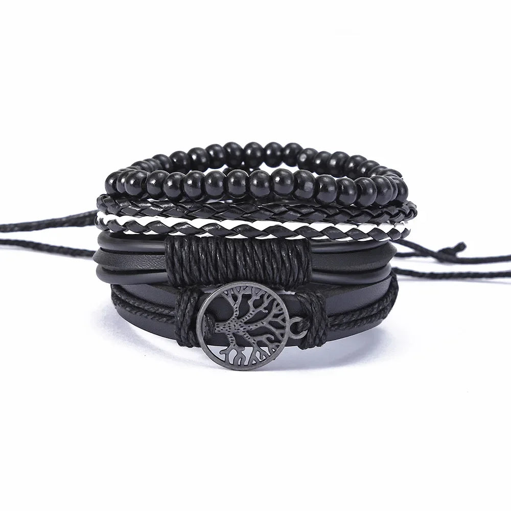 3-4Pcs Vintage Leather Bracelet Set for Men Tree of Life Charm Black Woven Rope Beads Chain Wrap Bangle Women Handmade Jewelry