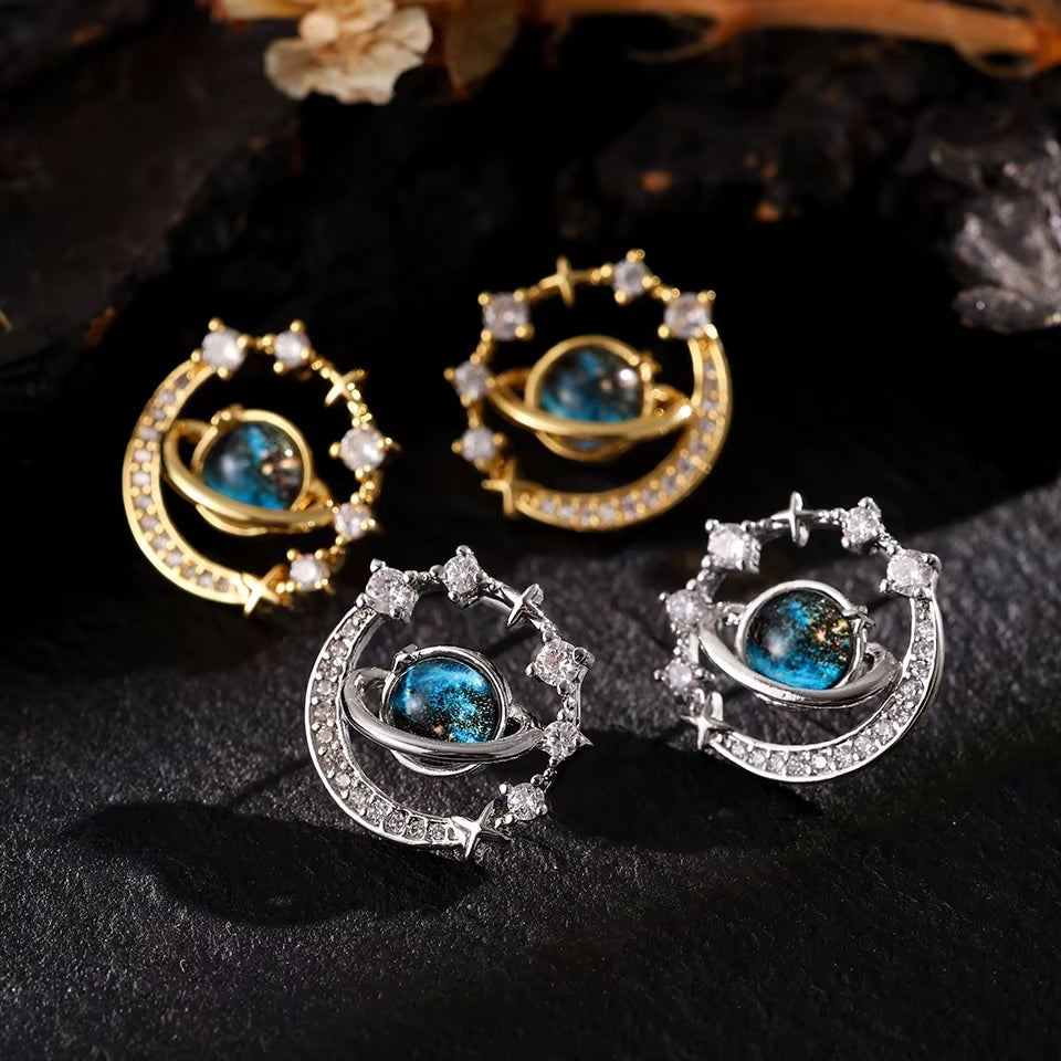 New Universe Planet Shiny Zircon Stud Earrings for Women Korean Fashion Aesthetic Jewelry Ear Accessories