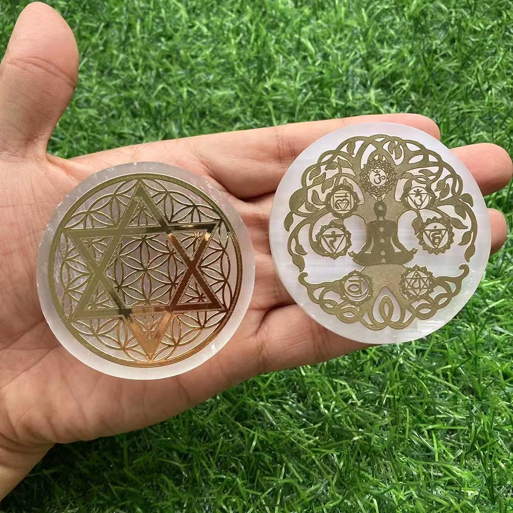 6CM Natural Crystal Selenite Slice Slab White Gypsum 7 Chakras Flower of Life Charging Plate Yoga Meditation Fengshui Healing