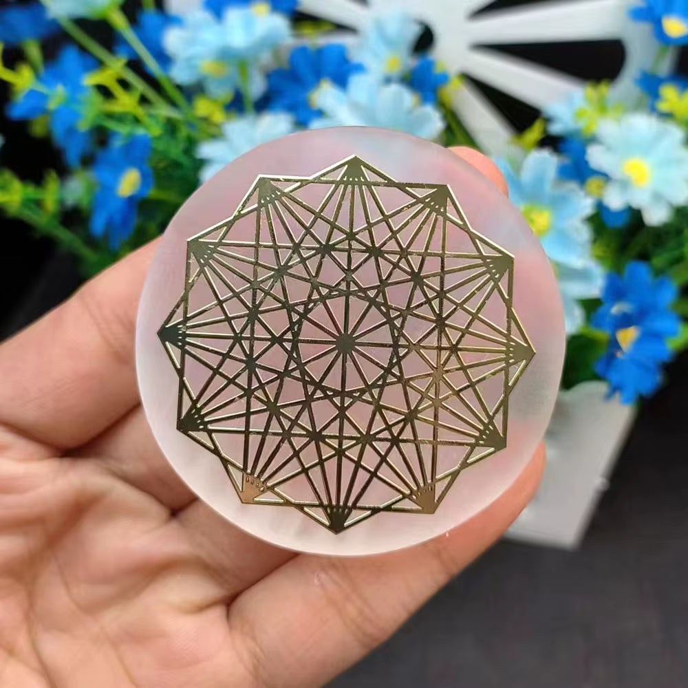 6CM Natural Crystal Selenite Slice Slab White Gypsum 7 Chakras Flower of Life Charging Plate Yoga Meditation Fengshui Healing