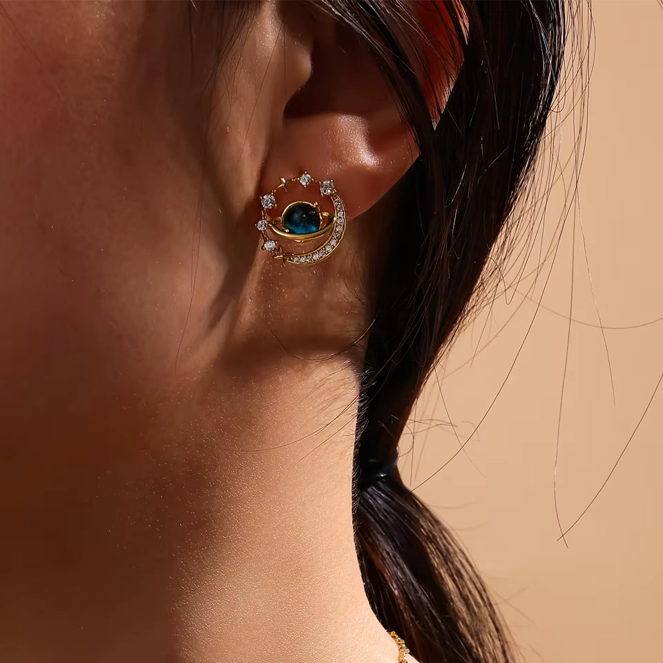 New Universe Planet Shiny Zircon Stud Earrings for Women Korean Fashion Aesthetic Jewelry Ear Accessories