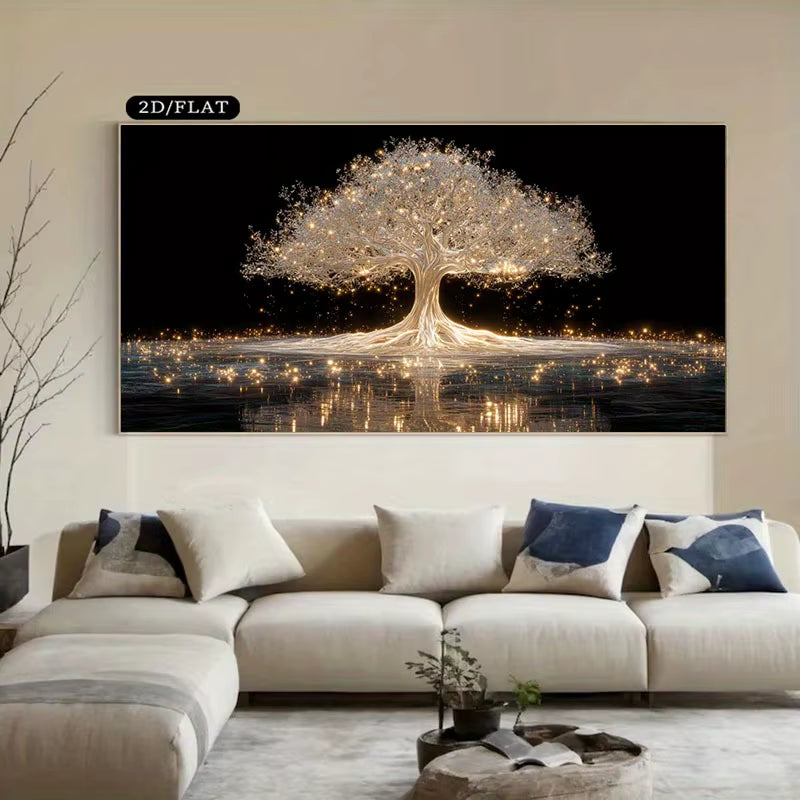 1Pc Large Frameless Luminous Tree of Life Canvas Wall Art,Modern Minimalist Home Decor with Warm White,Unique Gifts for Bedrooms