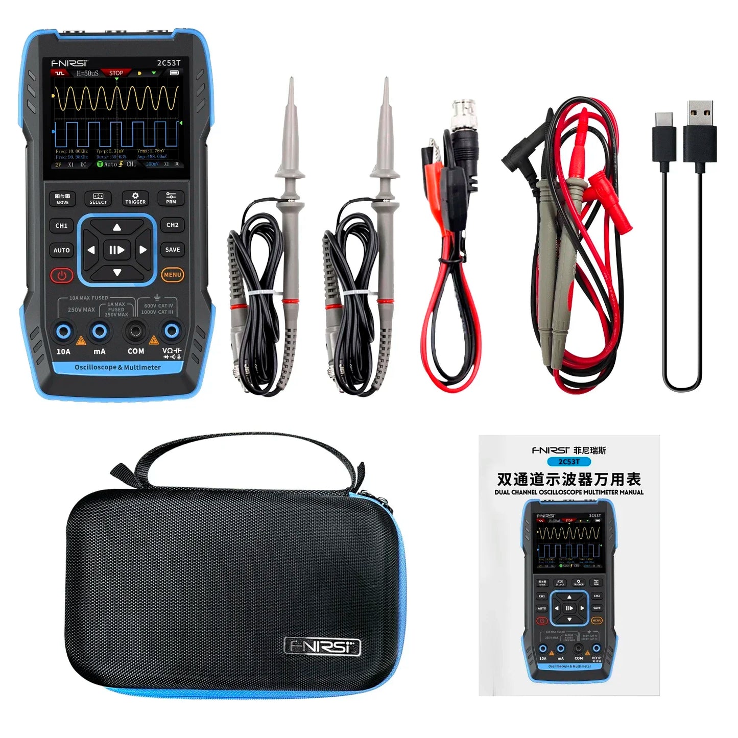 50Mhz Handheld 3 in 1 Dual Channel Automotive Digital Oscilloscope Multimeter Signal Generator 2C53T Upgrade Tools