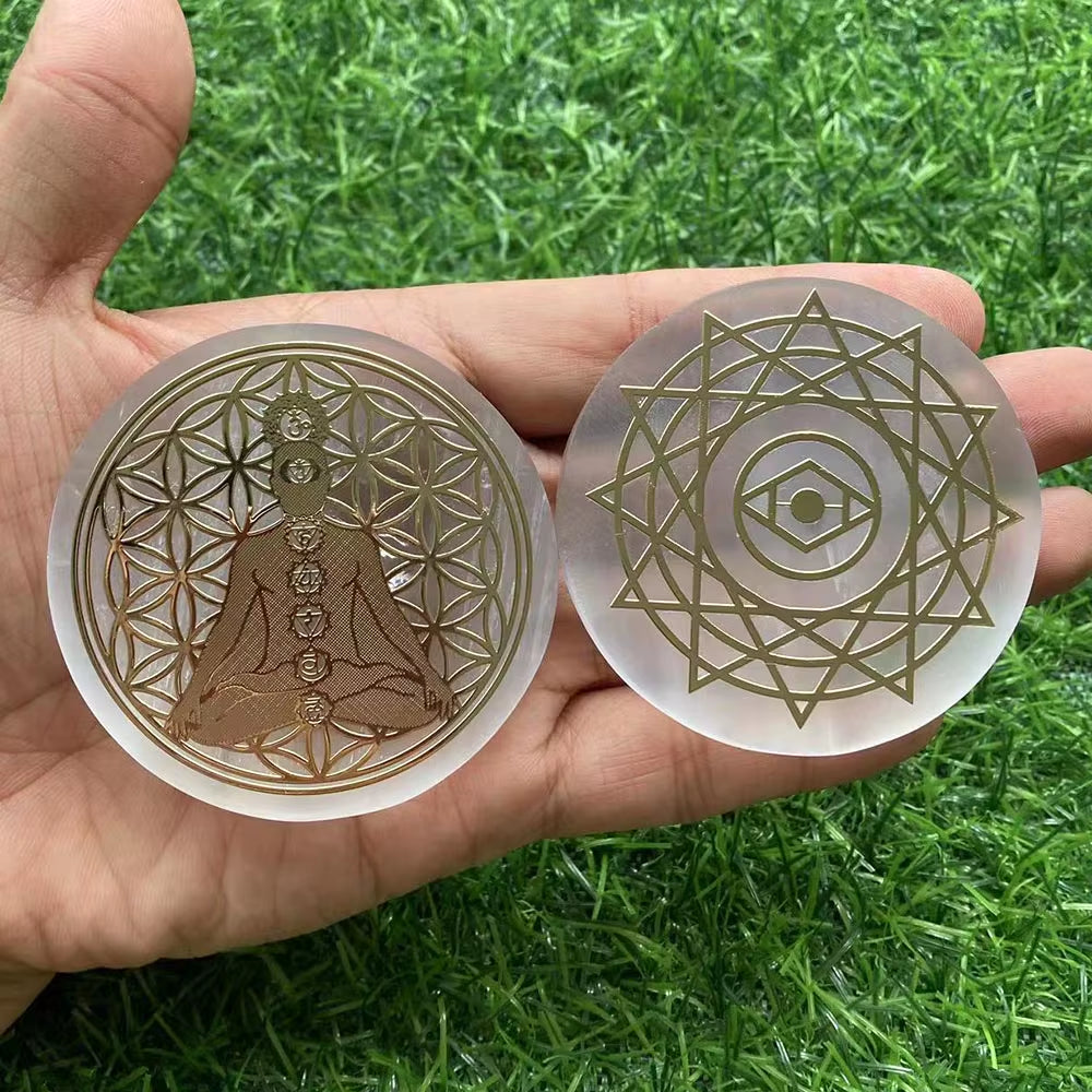 6CM Natural Crystal Selenite Slice Slab White Gypsum 7 Chakras Flower of Life Charging Plate Yoga Meditation Fengshui Healing
