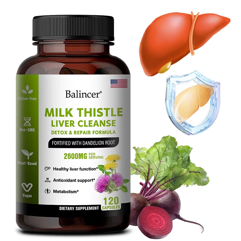 Milk Thistle Extract Capsules with Dandelion for a Detox Cleansing Liver Support and Repair Formula Help Digestion Non-Gmo