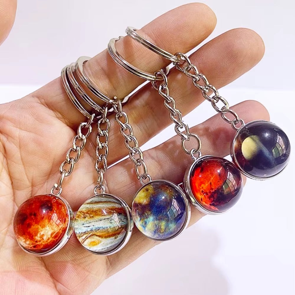Glow in the Dark Universe Planet Keychain Solar System Earth Pendant Galaxy Nebula Double Sided Glass Ball Key Ring