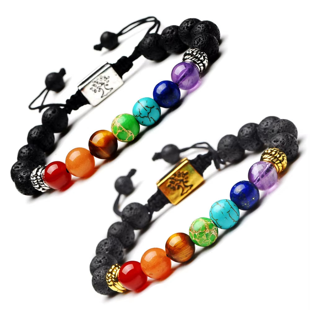 Yoga Handmade 7 Chakra Tree of Life Charm Bracelets Lava Stones Multicolor Beads Rope Bracelet Women Men Bracelets Bangles