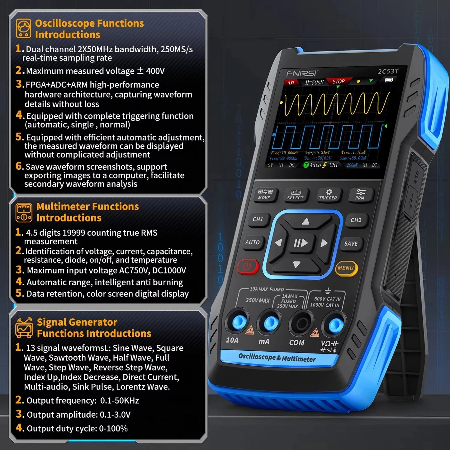 50Mhz Handheld 3 in 1 Dual Channel Automotive Digital Oscilloscope Multimeter Signal Generator 2C53T Upgrade Tools