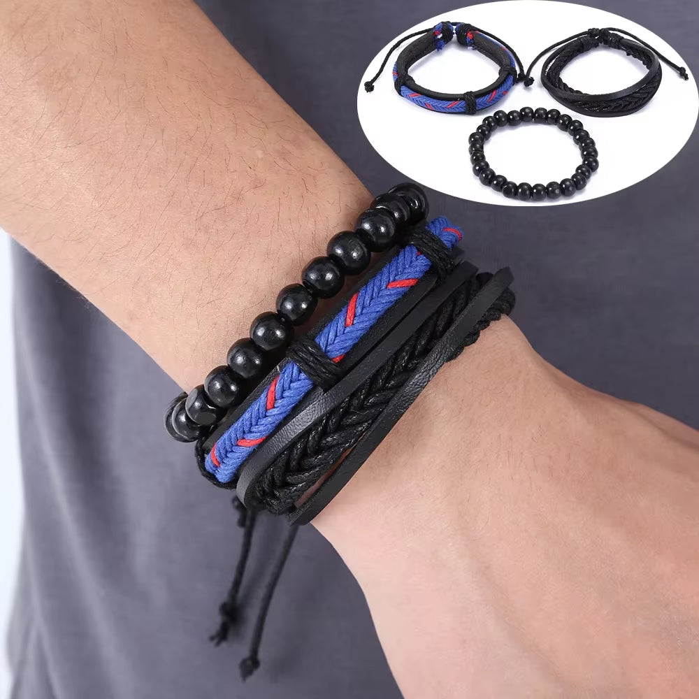 3-4Pcs Vintage Leather Bracelet Set for Men Tree of Life Charm Black Woven Rope Beads Chain Wrap Bangle Women Handmade Jewelry