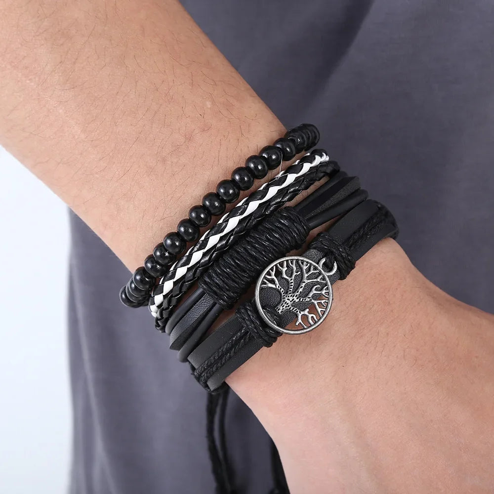 3-4Pcs Vintage Leather Bracelet Set for Men Tree of Life Charm Black Woven Rope Beads Chain Wrap Bangle Women Handmade Jewelry