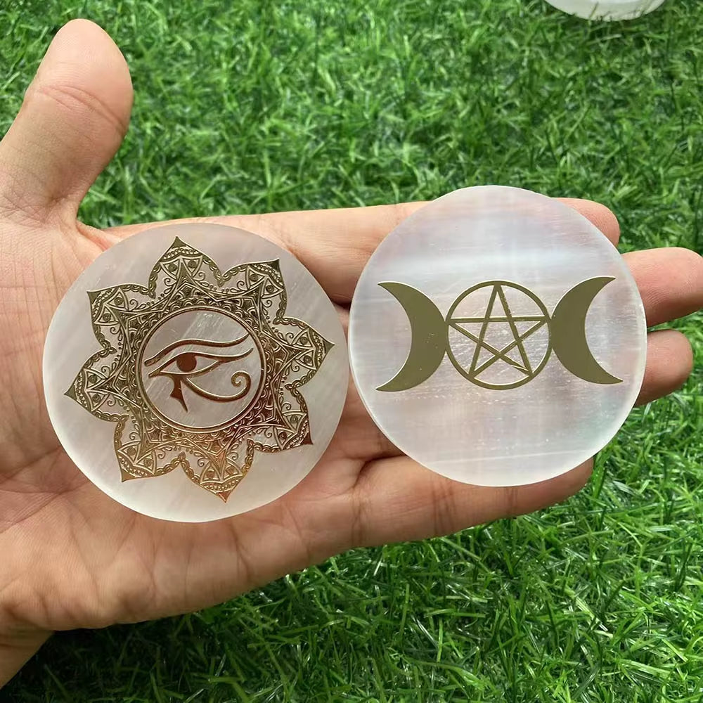 6CM Natural Crystal Selenite Slice Slab White Gypsum 7 Chakras Flower of Life Charging Plate Yoga Meditation Fengshui Healing