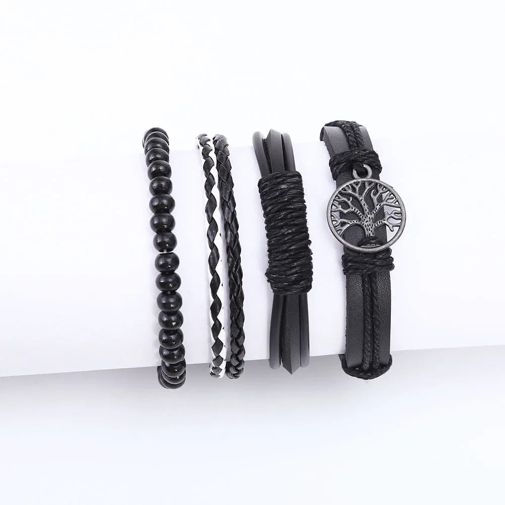 3-4Pcs Vintage Leather Bracelet Set for Men Tree of Life Charm Black Woven Rope Beads Chain Wrap Bangle Women Handmade Jewelry