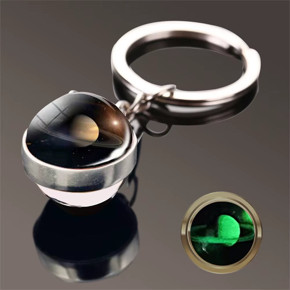 Glow in the Dark Universe Planet Keychain Solar System Earth Pendant Galaxy Nebula Double Sided Glass Ball Key Ring