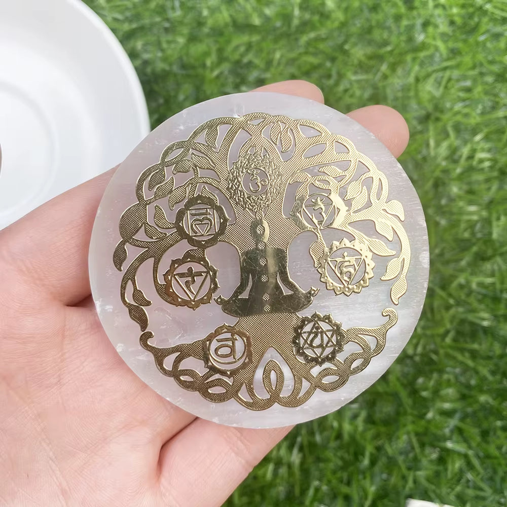 6CM Natural Crystal Selenite Slice Slab White Gypsum 7 Chakras Flower of Life Charging Plate Yoga Meditation Fengshui Healing