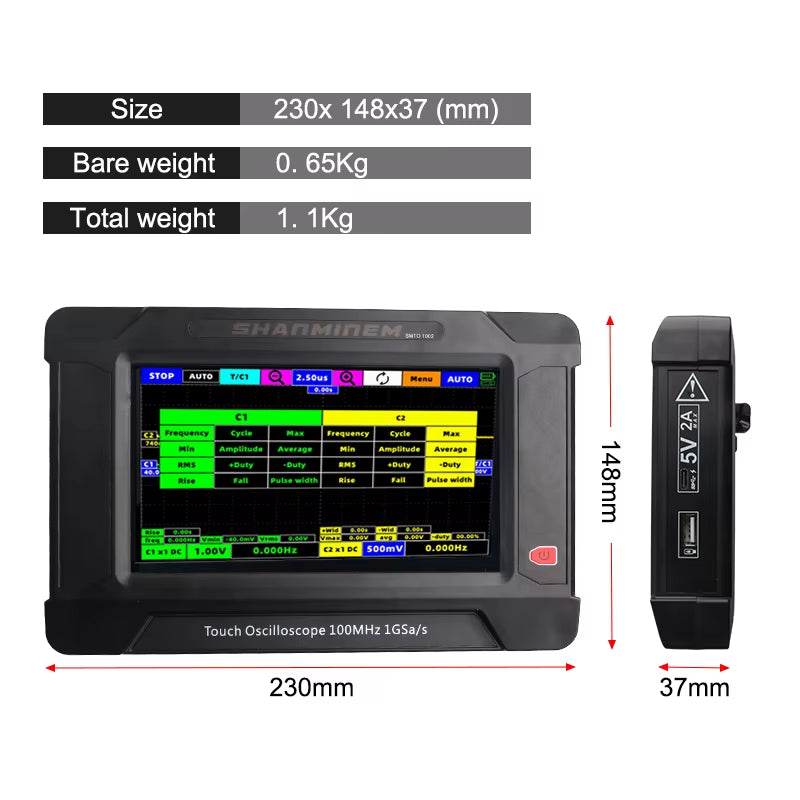 100MHZ Digital Oscilloscope 2 Channel Handheld Touch Panel Oscilloscope Signal Generator English, Russian, Portuguese, Spanish