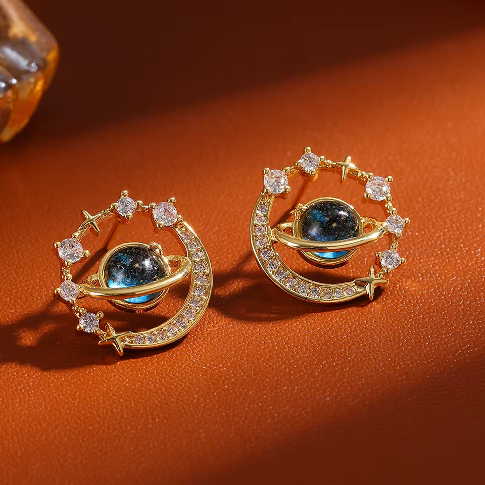 New Universe Planet Shiny Zircon Stud Earrings for Women Korean Fashion Aesthetic Jewelry Ear Accessories