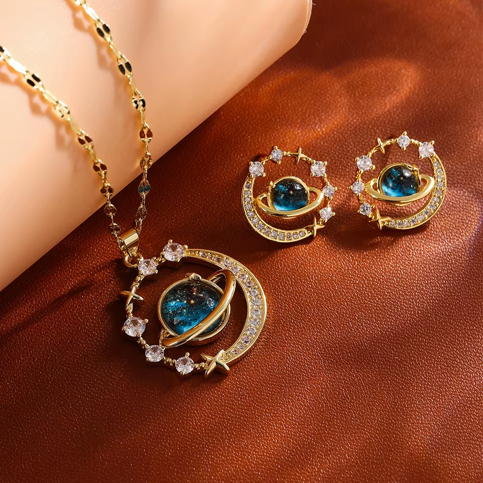 New Universe Planet Shiny Zircon Stud Earrings for Women Korean Fashion Aesthetic Jewelry Ear Accessories