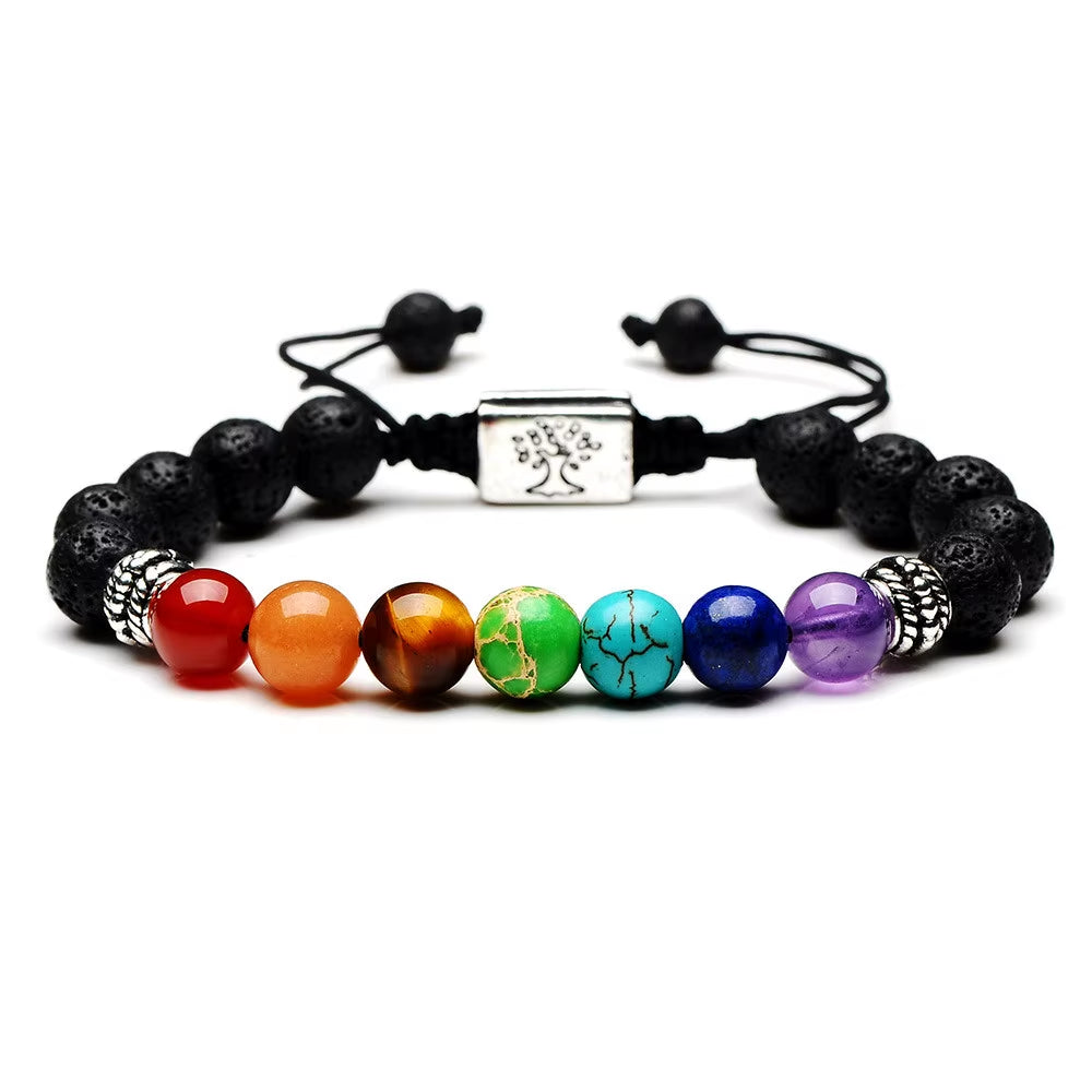 Yoga Handmade 7 Chakra Tree of Life Charm Bracelets Lava Stones Multicolor Beads Rope Bracelet Women Men Bracelets Bangles