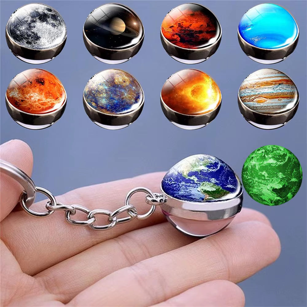 Glow in the Dark Universe Planet Keychain Solar System Earth Pendant Galaxy Nebula Double Sided Glass Ball Key Ring