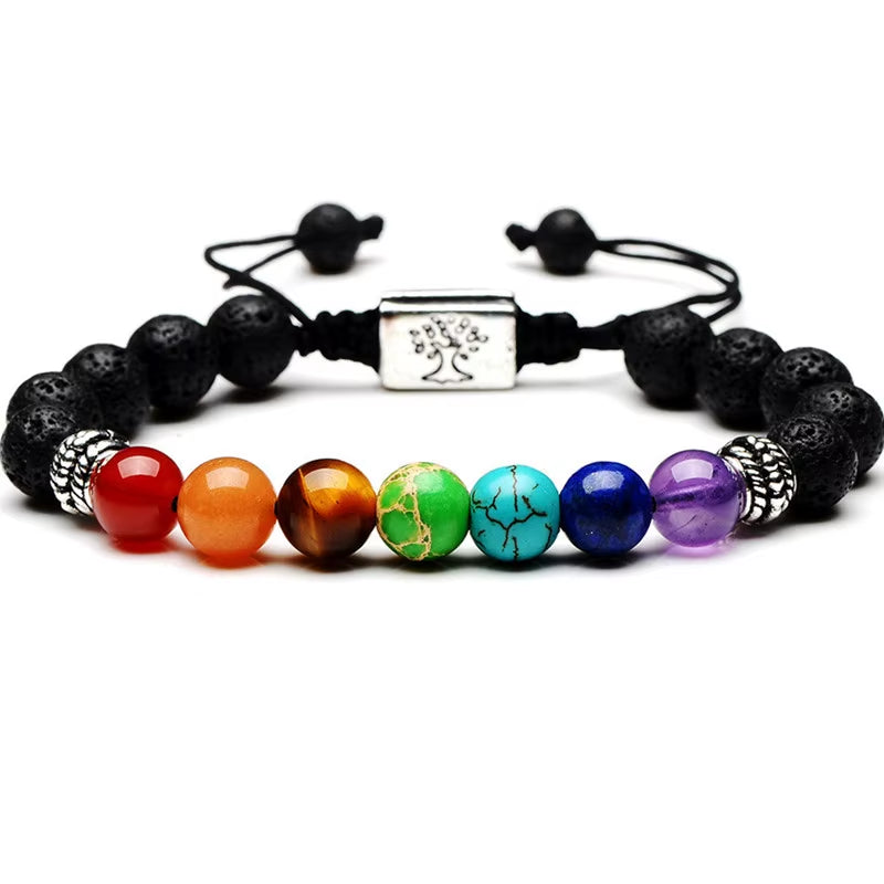 Yoga Handmade 7 Chakra Tree of Life Charm Bracelets Lava Stones Multicolor Beads Rope Bracelet Women Men Bracelets Bangles