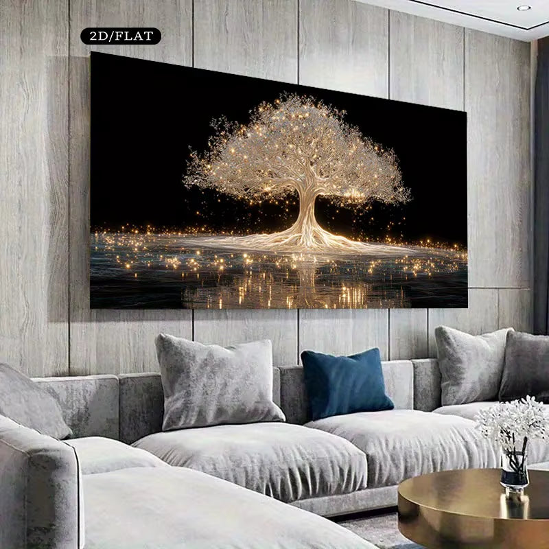1Pc Large Frameless Luminous Tree of Life Canvas Wall Art,Modern Minimalist Home Decor with Warm White,Unique Gifts for Bedrooms