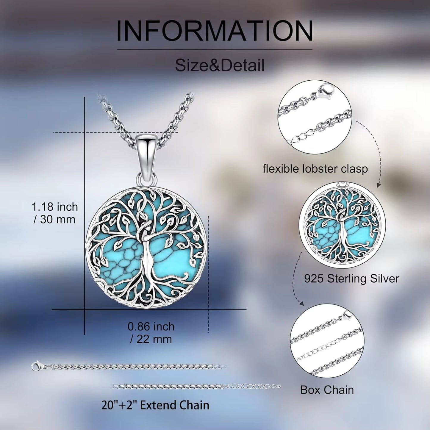 Tree of Life Necklace 925 Sterling Silver Tree of Life Turquoise Pendant Jewelry Gifts for Women Men Christmas Birthday Holiday