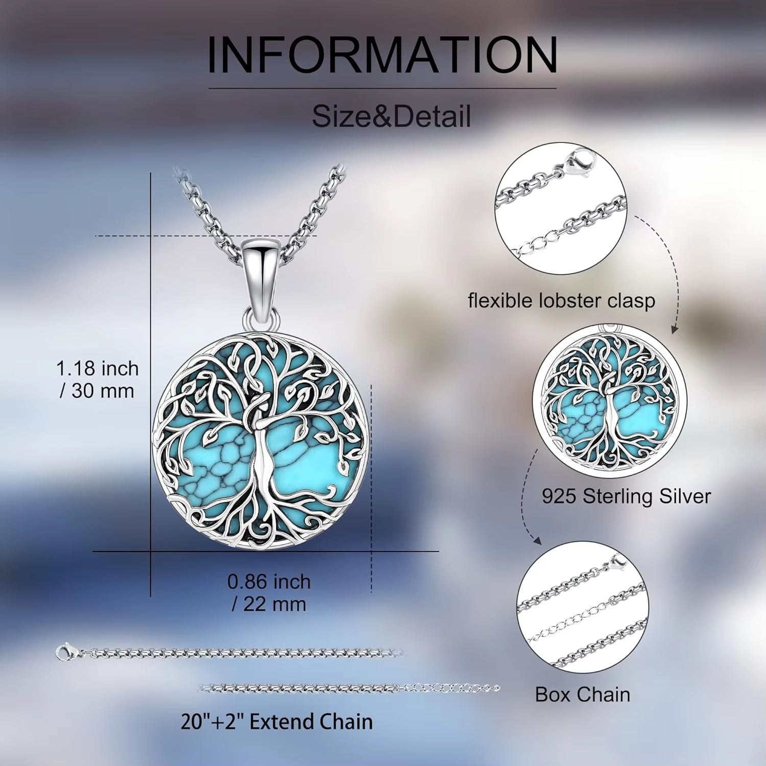 Tree of Life Necklace 925 Sterling Silver Tree of Life Turquoise Pendant Jewelry Gifts for Women Men Christmas Birthday Holiday