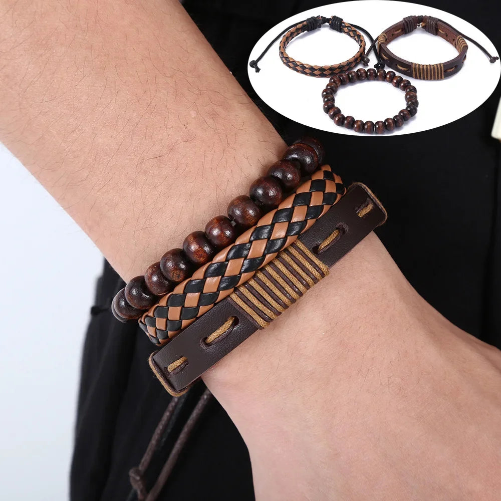 3-4Pcs Vintage Leather Bracelet Set for Men Tree of Life Charm Black Woven Rope Beads Chain Wrap Bangle Women Handmade Jewelry