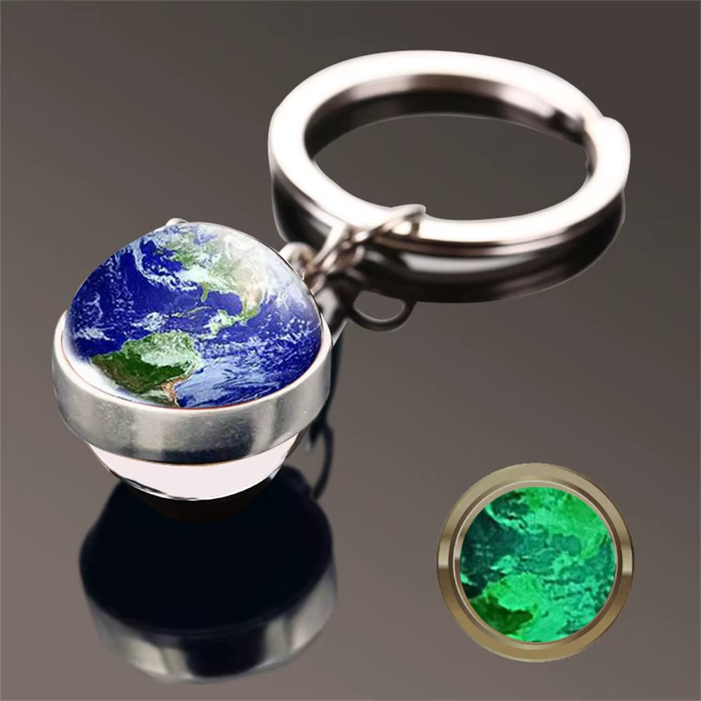 Glow in the Dark Universe Planet Keychain Solar System Earth Pendant Galaxy Nebula Double Sided Glass Ball Key Ring