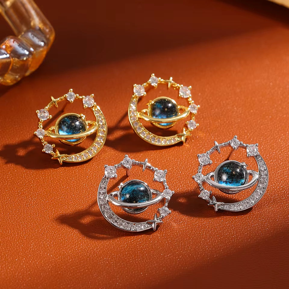 New Universe Planet Shiny Zircon Stud Earrings for Women Korean Fashion Aesthetic Jewelry Ear Accessories
