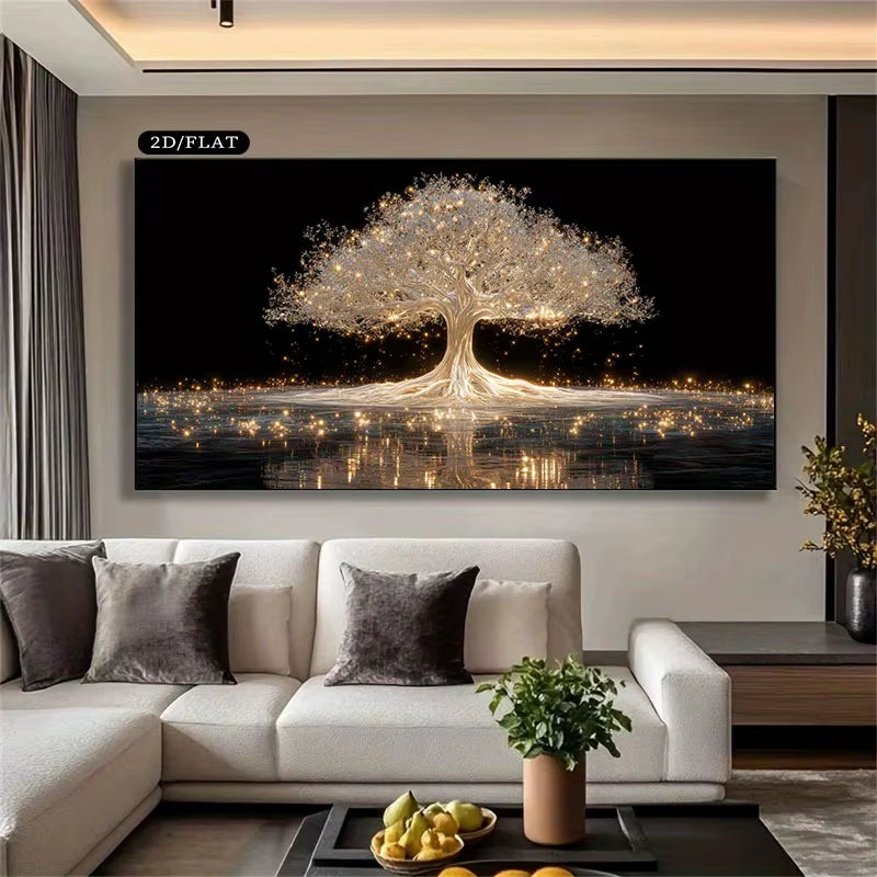 1Pc Large Frameless Luminous Tree of Life Canvas Wall Art,Modern Minimalist Home Decor with Warm White,Unique Gifts for Bedrooms