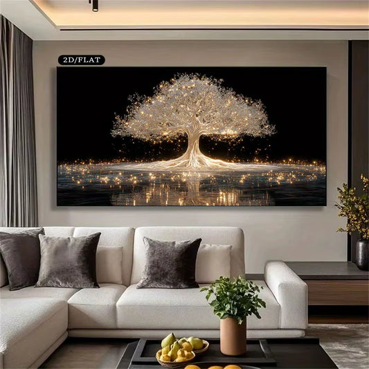 1Pc Large Frameless Luminous Tree of Life Canvas Wall Art,Modern Minimalist Home Decor with Warm White,Unique Gifts for Bedrooms