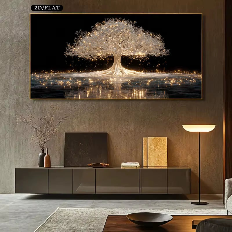 1Pc Large Frameless Luminous Tree of Life Canvas Wall Art,Modern Minimalist Home Decor with Warm White,Unique Gifts for Bedrooms