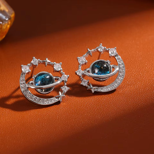 New Universe Planet Shiny Zircon Stud Earrings for Women Korean Fashion Aesthetic Jewelry Ear Accessories