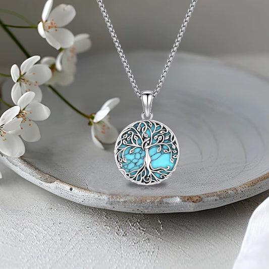 Tree of Life Necklace 925 Sterling Silver Tree of Life Turquoise Pendant Jewelry Gifts for Women Men Christmas Birthday Holiday